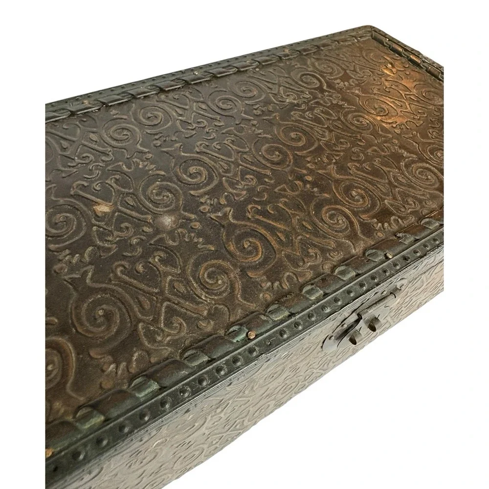 Metal & Wood Embossed Treasure Storage Box Chest Boho Lined w/ Latch 10